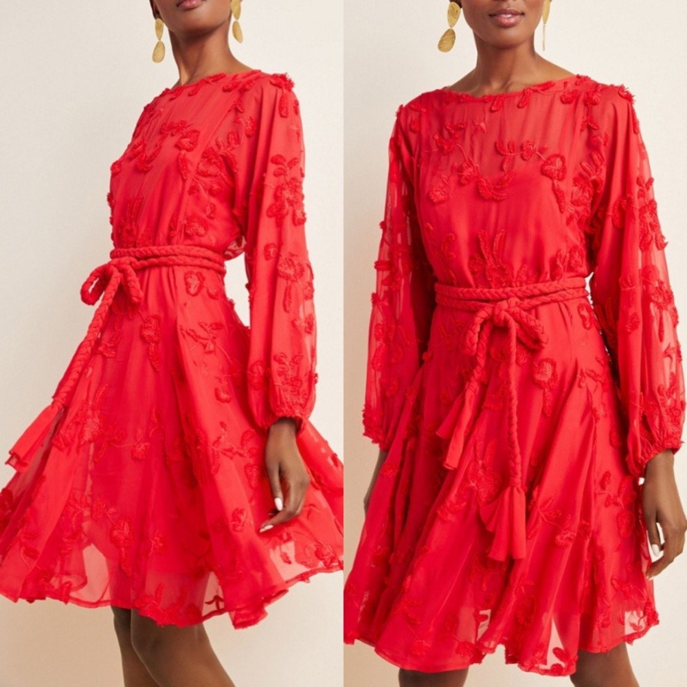 Anthropologie Mare Mare Red Amal Textured Mini‎ Dress Embroidered Size Small